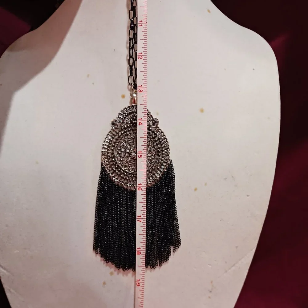 Handmade Black and Dark Silver Tassel Statement Fashion Medallion Necklace - Picture 5 of 8